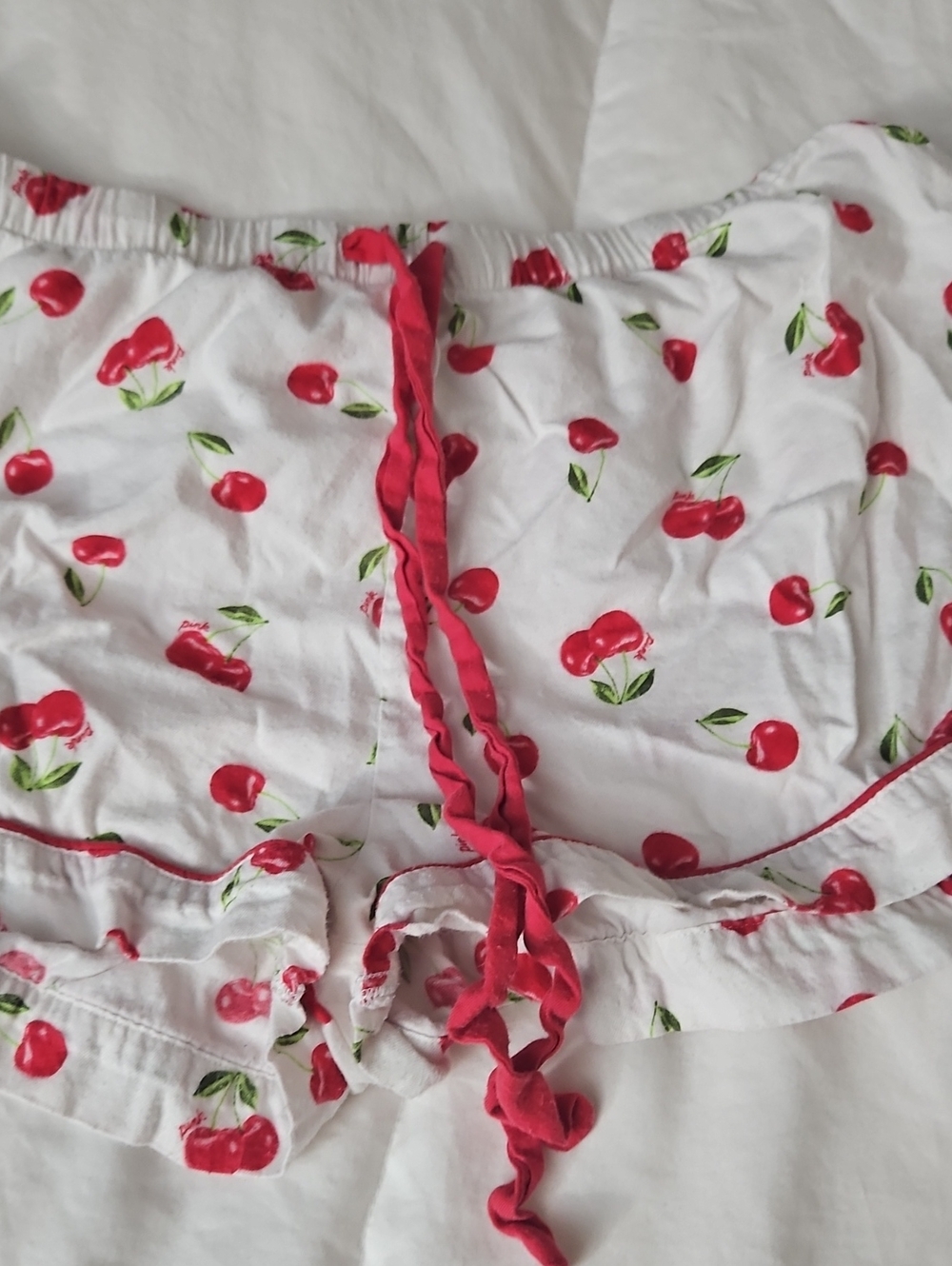 PINK VS Cherry-Print White Cotton Sleep Shorts with Red Trim